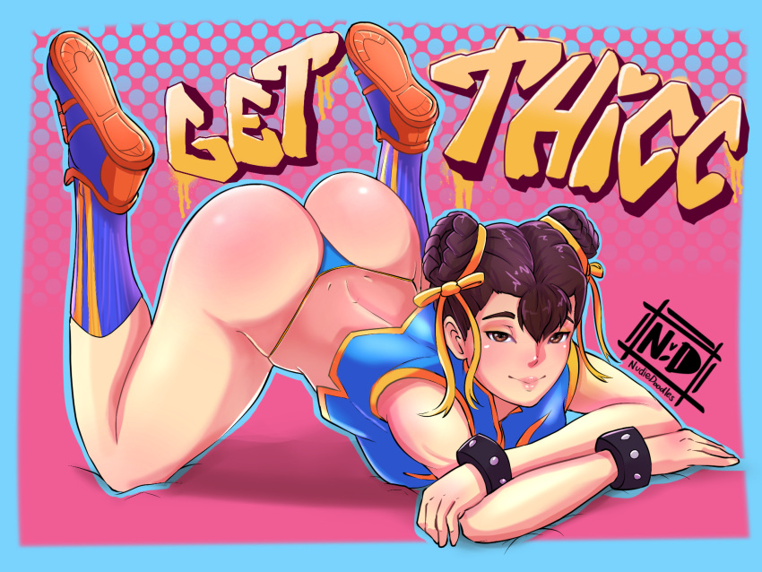 ass athletic bare_legs big_ass big_butt bracelet brown_eyes brown_hair bubble_butt capcom chun-li female female_focus female_only g-string hourglass_figure lying lying_down lying_on_stomach nudiedoodles pinup pose posing shoe_soles shoes sneakers socks solo street_fighter tagme thick_thighs thong tied_hair