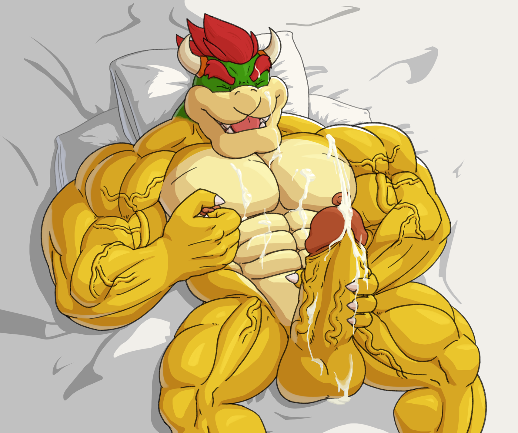 1boy 2019 5_fingers balls bed bowser buff claws closed_eyes cum cumming dick erection horn horns koopa male male_only mario_(series) mario_bros masturbation muscle_arms muscles muscular_male nanbuskhan nintendo nipples open_mouth penis penis_grab pillow red_hair reptile super_mario_bros. teeth testicles venis video_game video_games villain